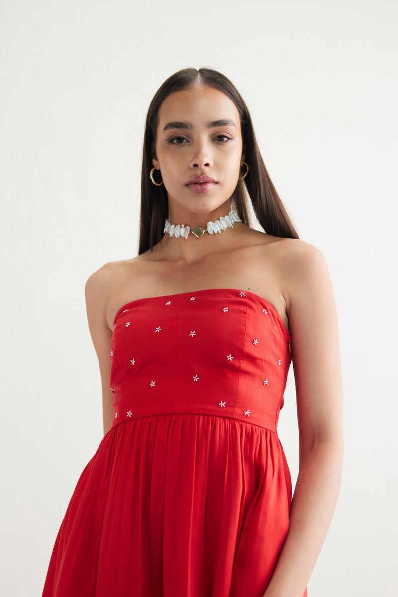 Dreamy Summer Tencel Tube Dress by SUI in red color for women Worldwide