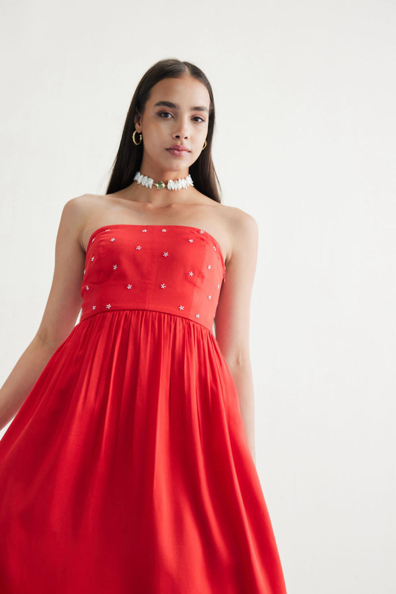 Dreamy Summer Tencel Tube Dress by SUI in red color for women Worldwide