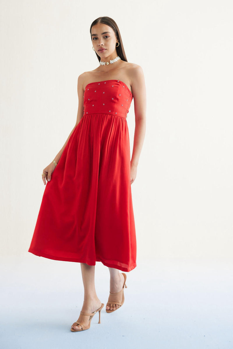 Dreamy Summer Tencel Tube Dress by SUI in red color for women Worldwide