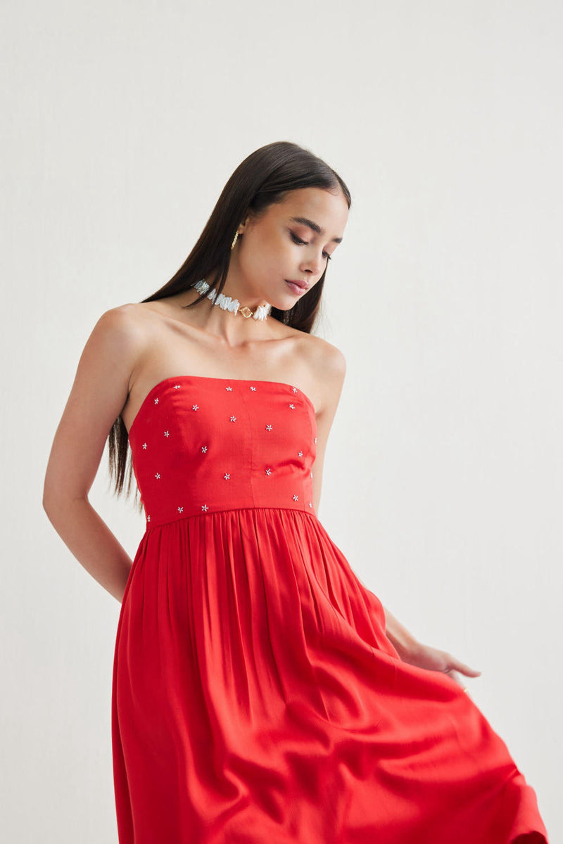 Dreamy Summer Tencel Tube Dress by SUI in red color for women Worldwide