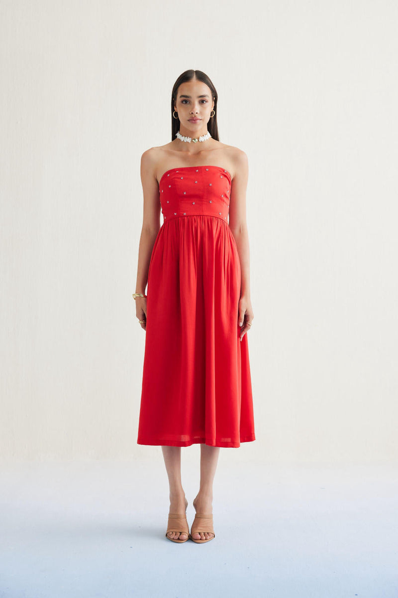 Dreamy Summer Tencel Tube Dress by SUI in red color for women Worldwide