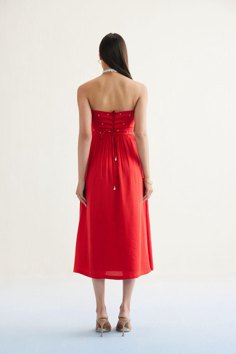 Dreamy Summer Tencel Tube Dress by SUI in red color for women Worldwide