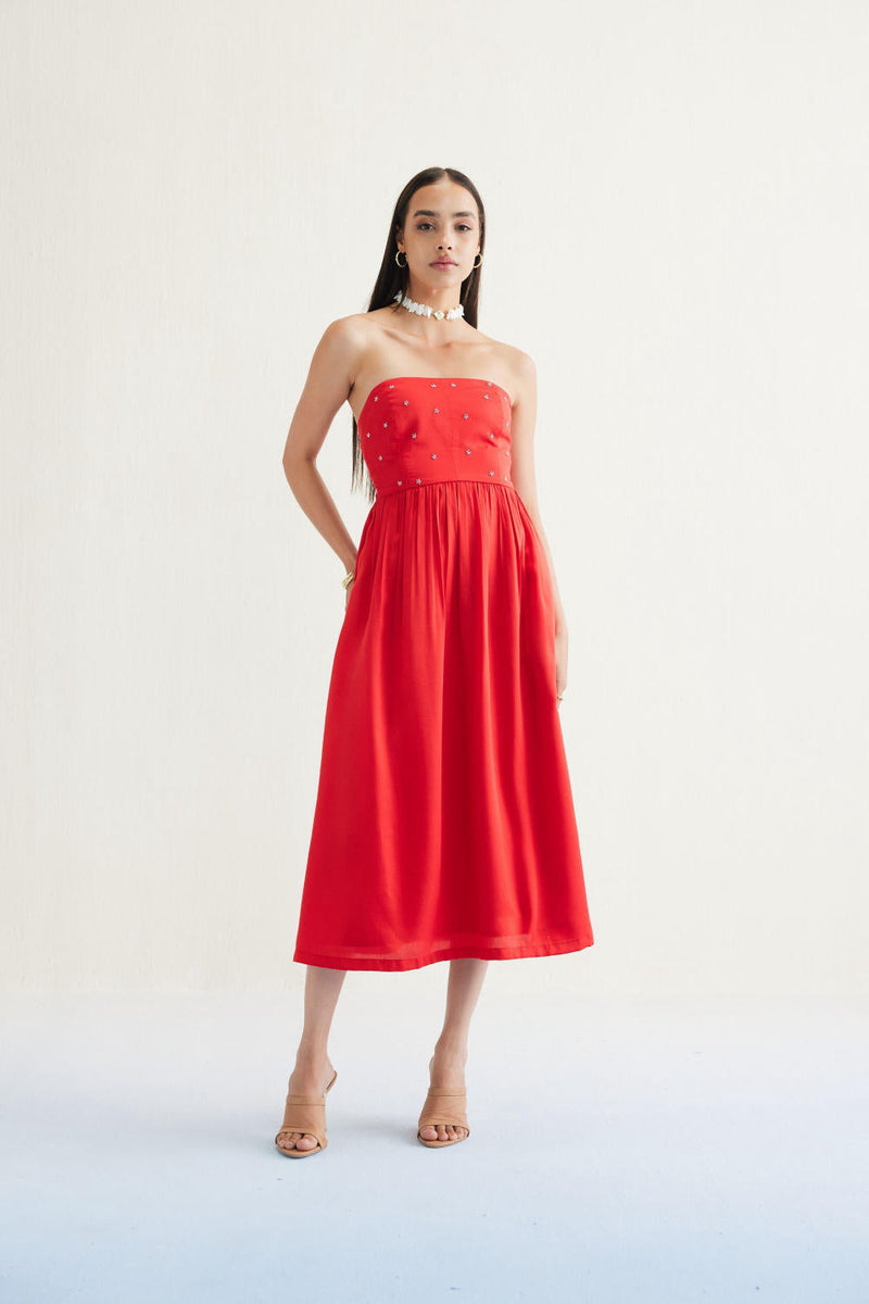 Dreamy Summer Tencel Tube Dress by SUI in red color for women Worldwide