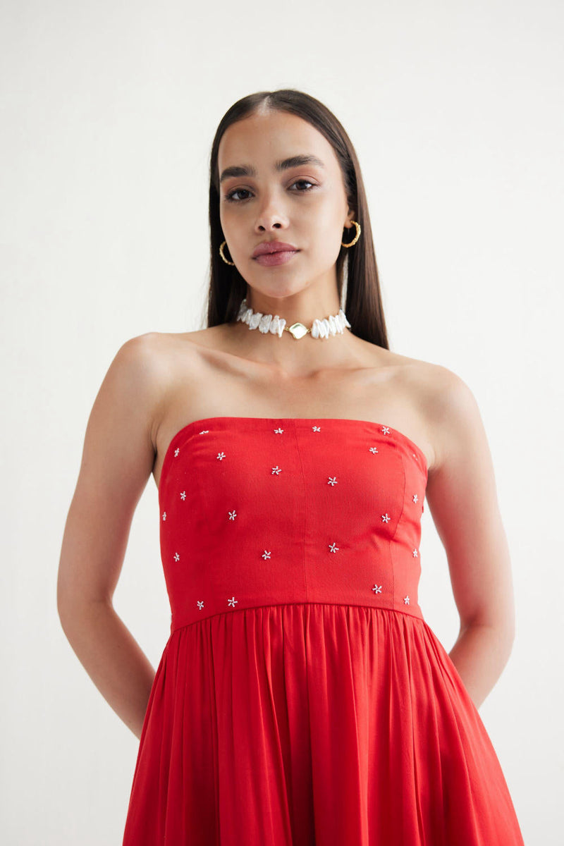Dreamy Summer Tencel Tube Dress by SUI in red color for women Worldwide