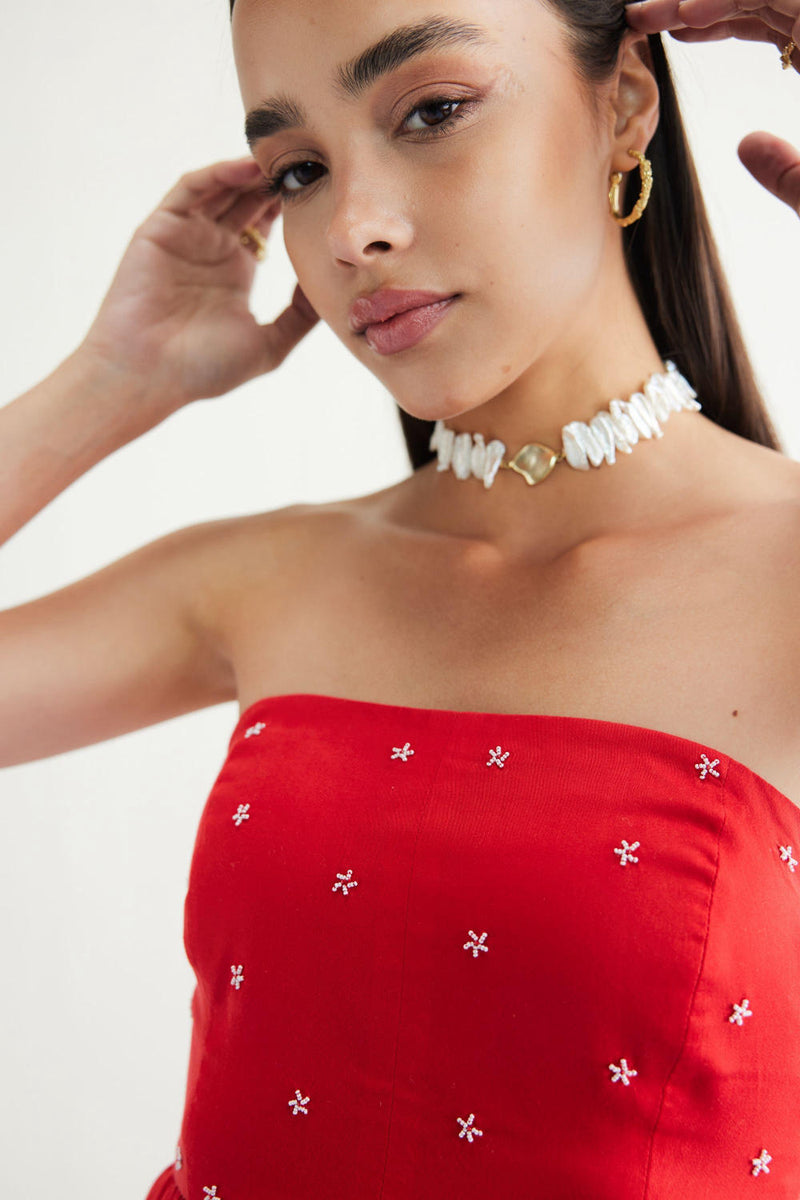 Dreamy Summer Tencel Tube Dress by SUI in red color for women Worldwide