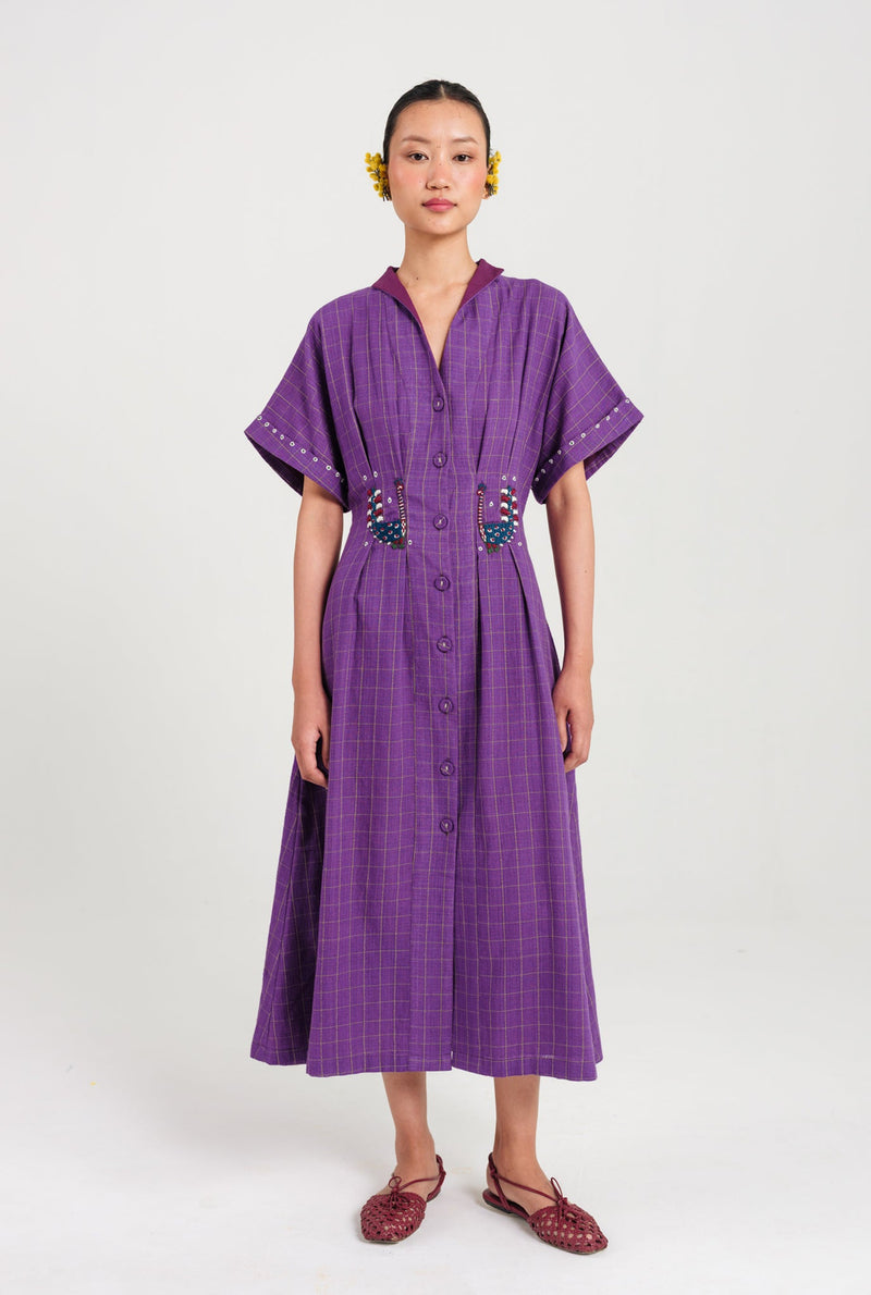 Drift Handloom Midi Dress handwoven cotton dress by JodiLife in purple for women Worldwide
