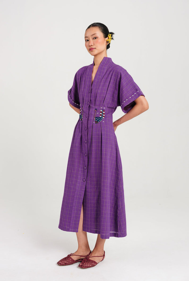 Drift Handloom Midi Dress handwoven cotton dress by JodiLife in purple for women Worldwide