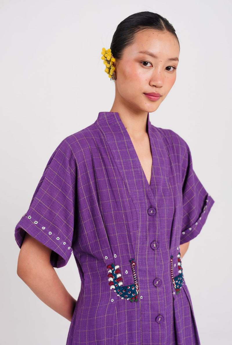 Drift Handloom Midi Dress handwoven cotton dress by JodiLife in purple for women Worldwide