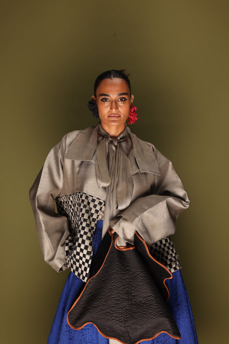 Drift Overlay-Grey + Black mysore silk jackets and overlays by Stoique in grey, black for women Worldwide