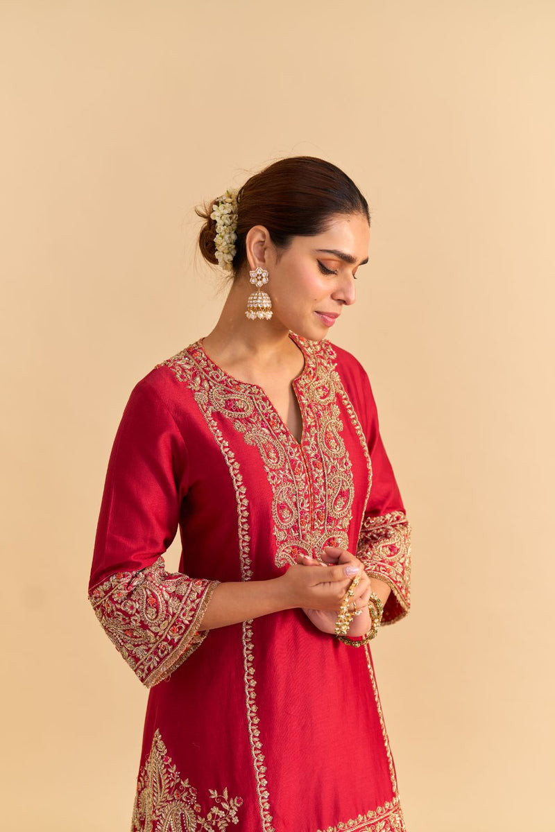 Dua Deep red Dabka Zardozi Embroidered Short kurta Set by SHEETAL BATRA in red color for women Worldwide