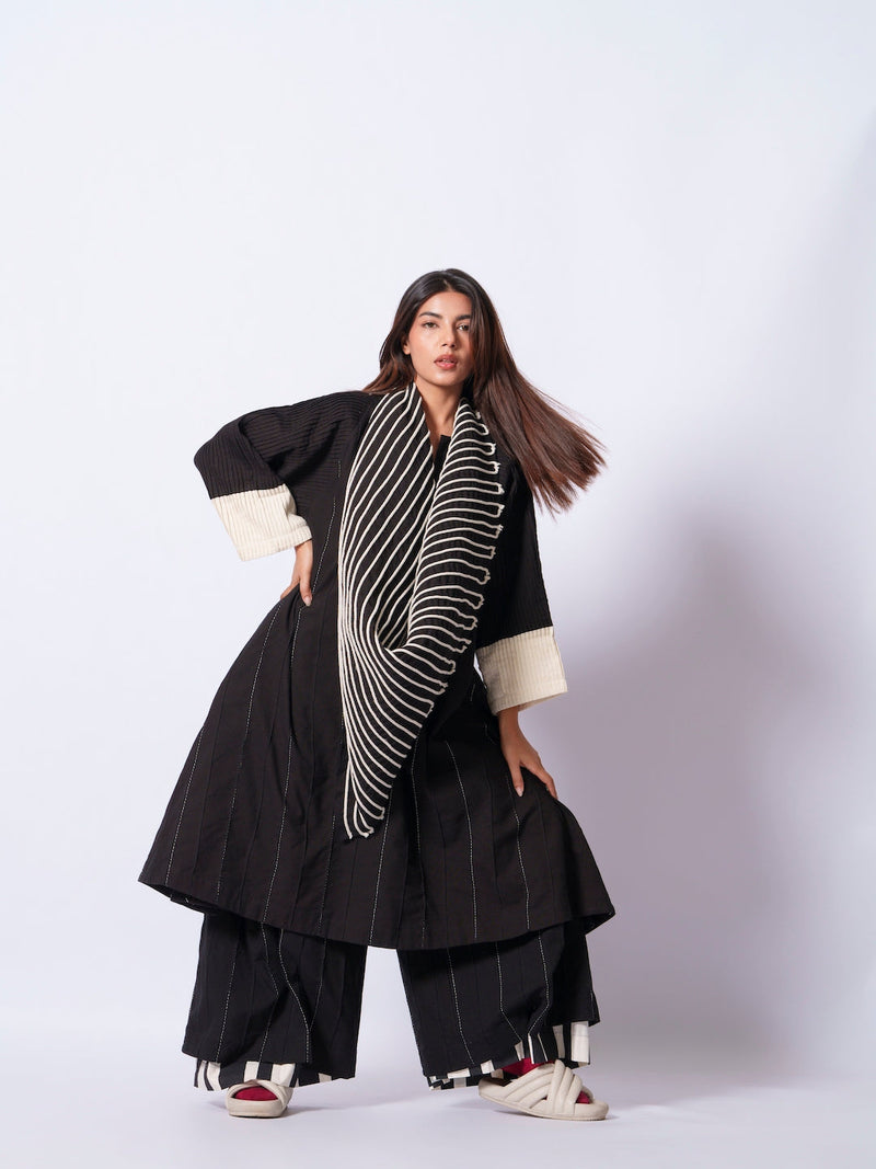 Dune Scarf-Black + Natural cotton matty scarf by Stoique in black, natural for women Worldwide