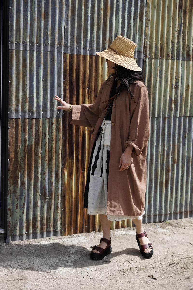 Lightweight Checkered Duster Jacket — Terracotta 100% cotton by World of Crow in beige color for women Worldwide