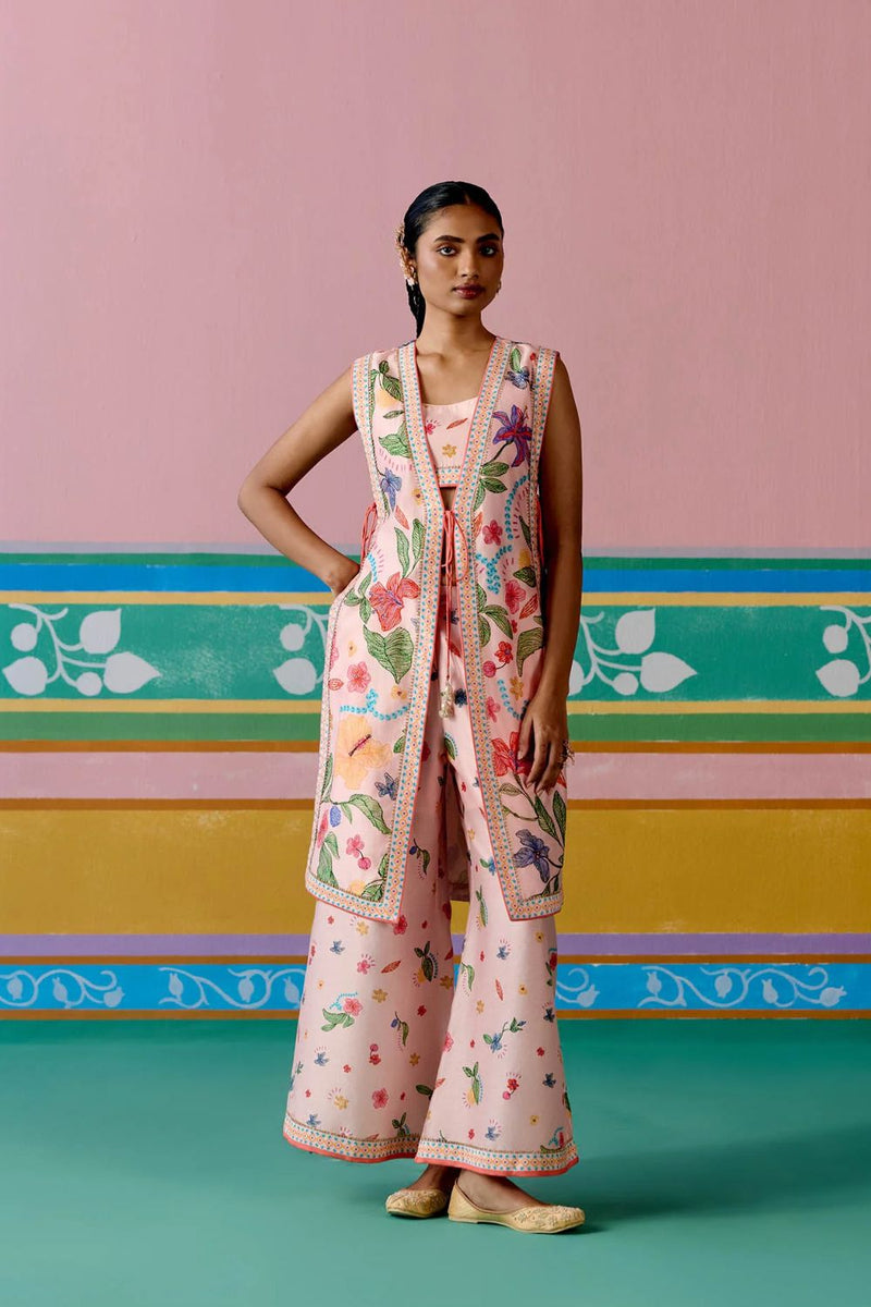Dusty Pink Floral Jacket Set chanderi by Label Mogra in pink color for women Worldwide