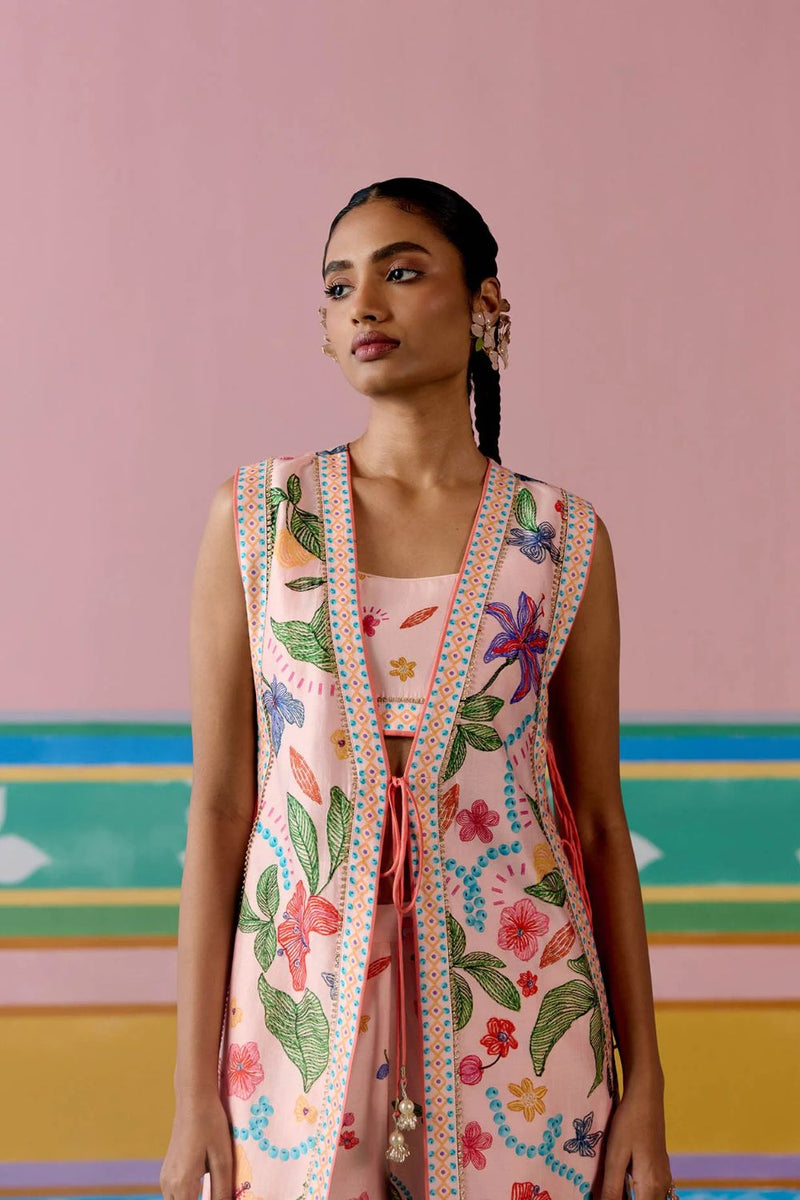 Dusty Pink Floral Jacket Set chanderi by Label Mogra in pink color for women Worldwide