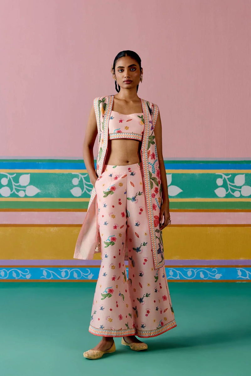 Dusty Pink Floral Jacket Set chanderi by Label Mogra in pink color for women Worldwide