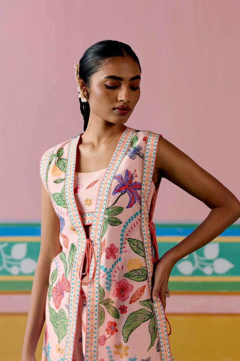 Dusty Pink Floral Jacket Set chanderi by Label Mogra in pink color for women Worldwide
