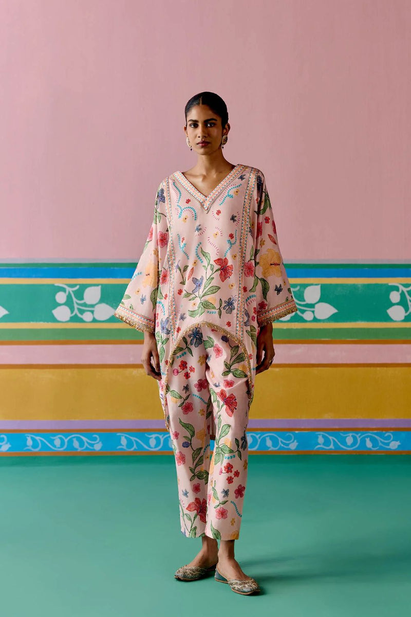 Dusty Pink Floral Kaftan Set (Short) chanderi by Label Mogra in pink color for women Worldwide