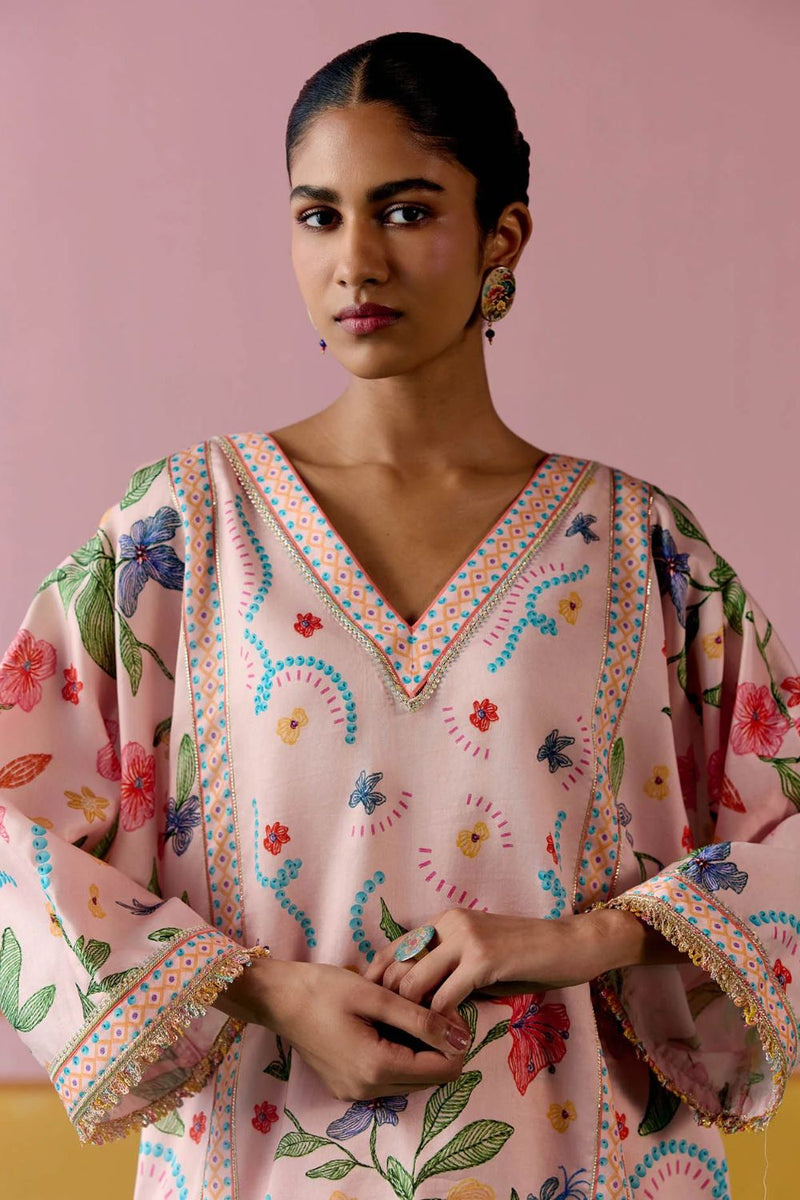 Dusty Pink Floral Kaftan Set (Short) chanderi by Label Mogra in pink color for women Worldwide