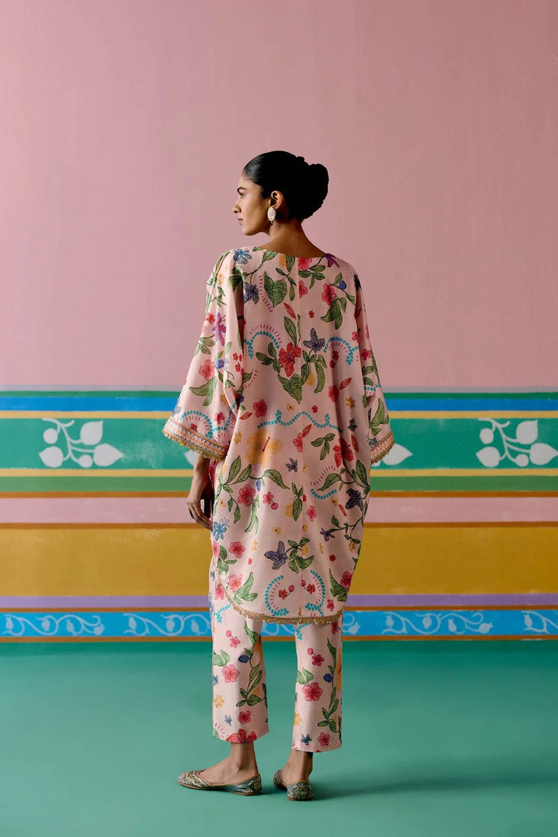 Dusty Pink Floral Kaftan Set (Short) chanderi by Label Mogra in pink color for women Worldwide