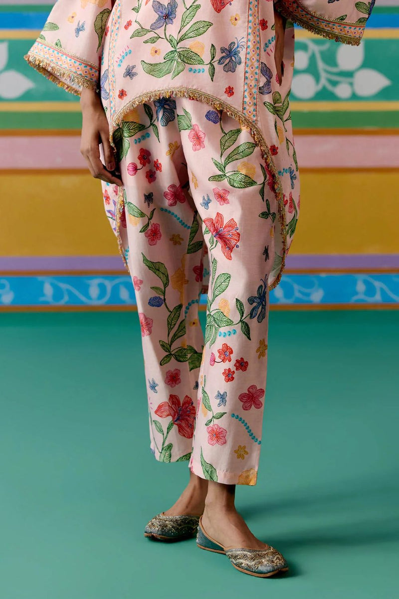 Dusty Pink Floral Kaftan Set (Short) chanderi by Label Mogra in pink color for women Worldwide