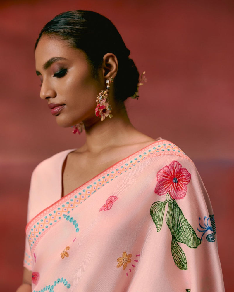 Dusty Pink Floral Saree chanderi by Label Mogra in pink color for women Worldwide