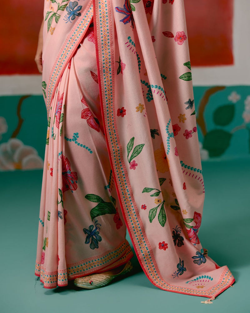 Dusty Pink Floral Saree chanderi by Label Mogra in pink color for women Worldwide