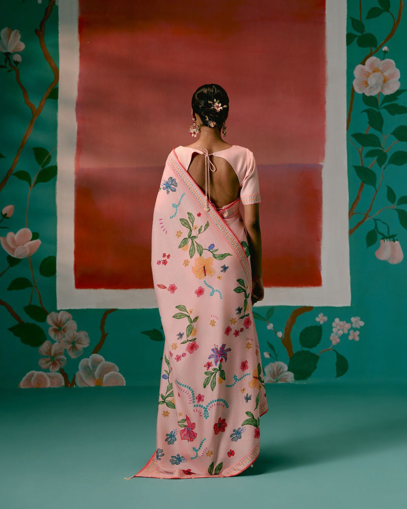 Dusty Pink Floral Saree chanderi by Label Mogra in pink color for women Worldwide