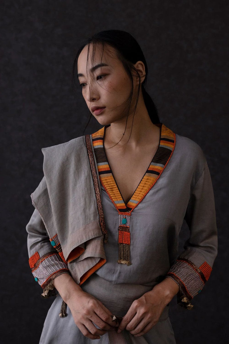 Dzong Kurta-Grey satin by Shades of India in grey color for women Worldwide