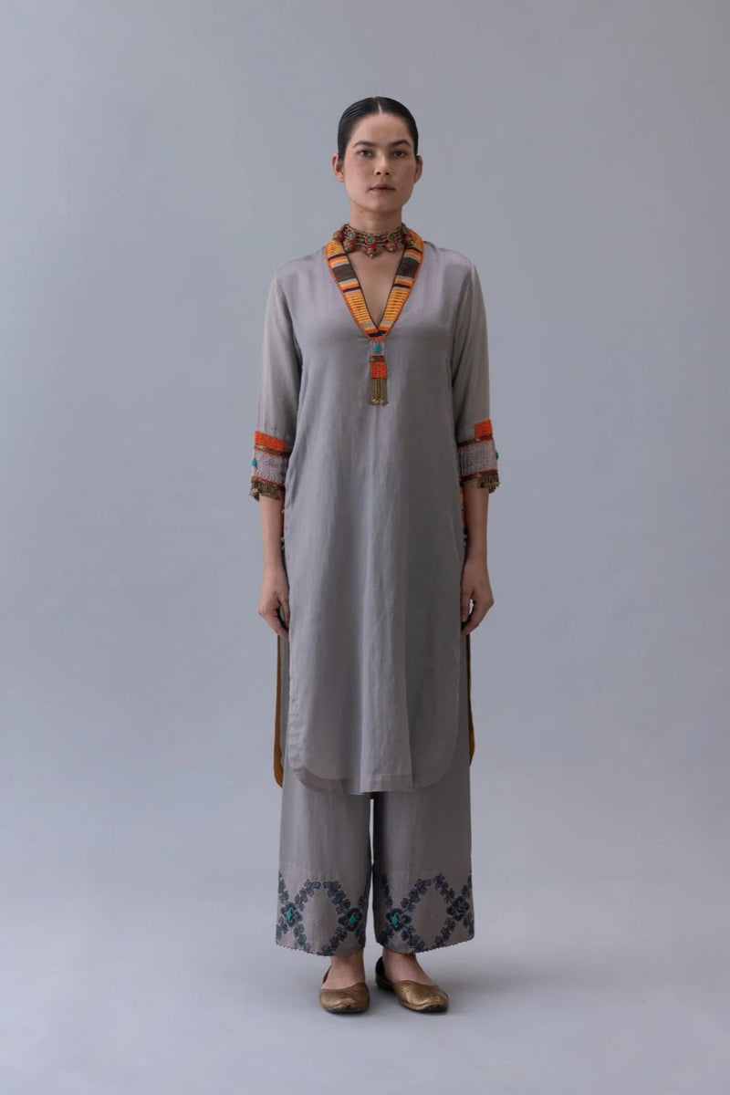 Dzong Kurta-Grey satin by Shades of India in grey color for women Worldwide