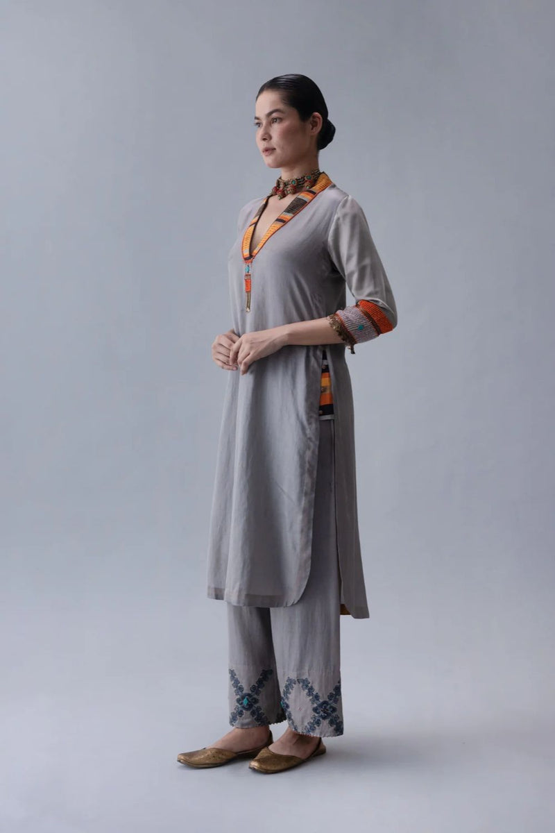 Dzong Kurta-Grey satin by Shades of India in grey color for women Worldwide