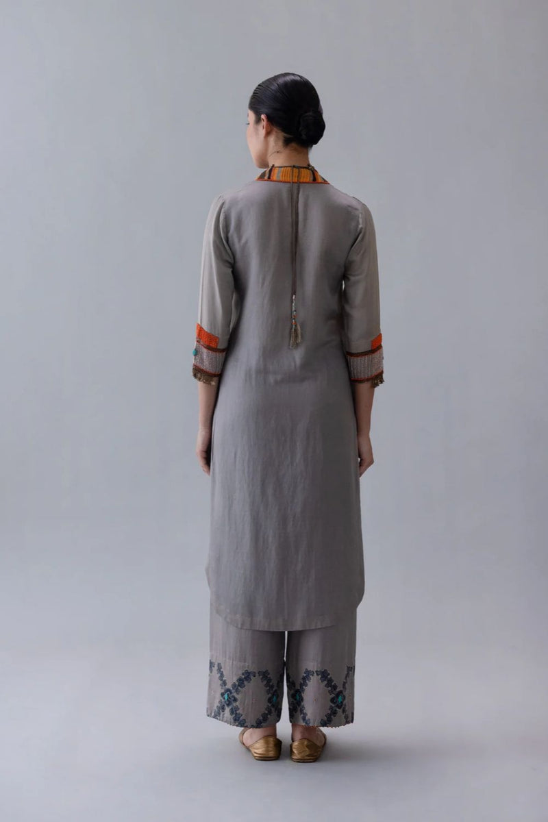 Dzong Kurta-Grey satin by Shades of India in grey color for women Worldwide