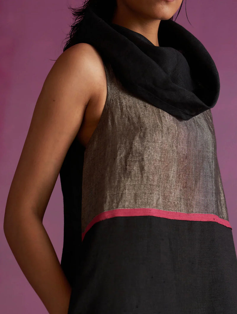 Shira Cowl Neck Dress - Black linen by Manan in black color for women Worldwide