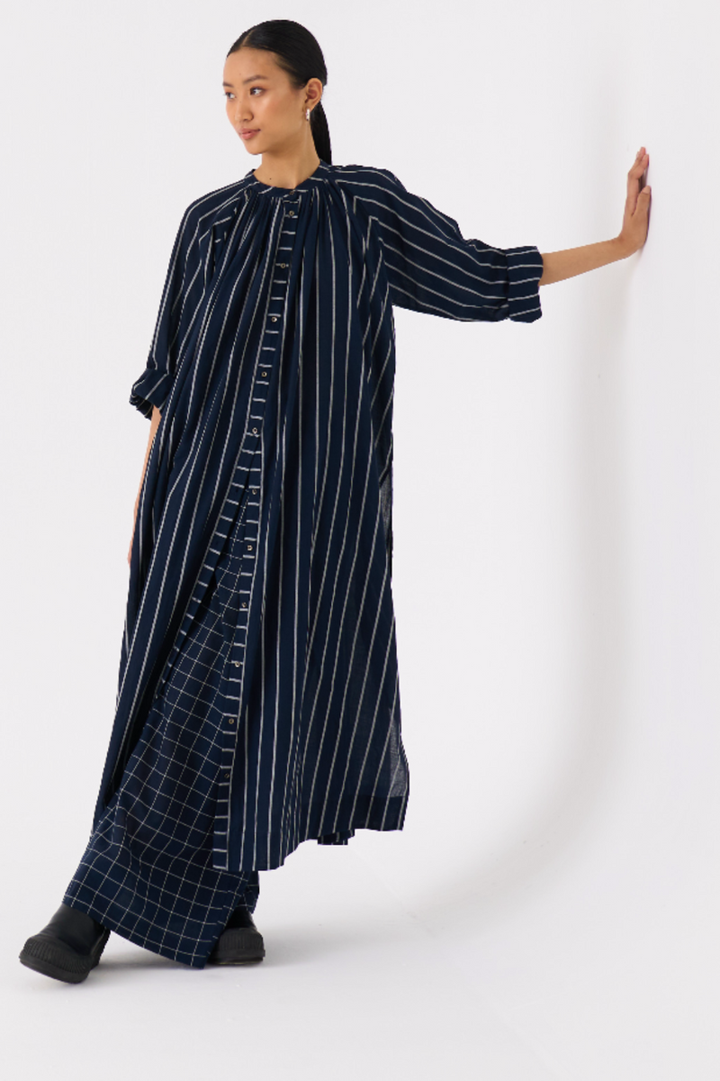GATHER NECK SHIRT-BLACK STRIPE mul by THREE in black color for women Worldwide