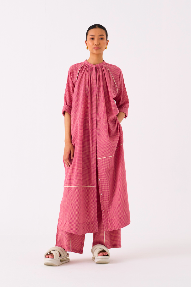 GATHER NECK SHIRT-PINK CHECK mul by THREE in pink color for women Worldwide