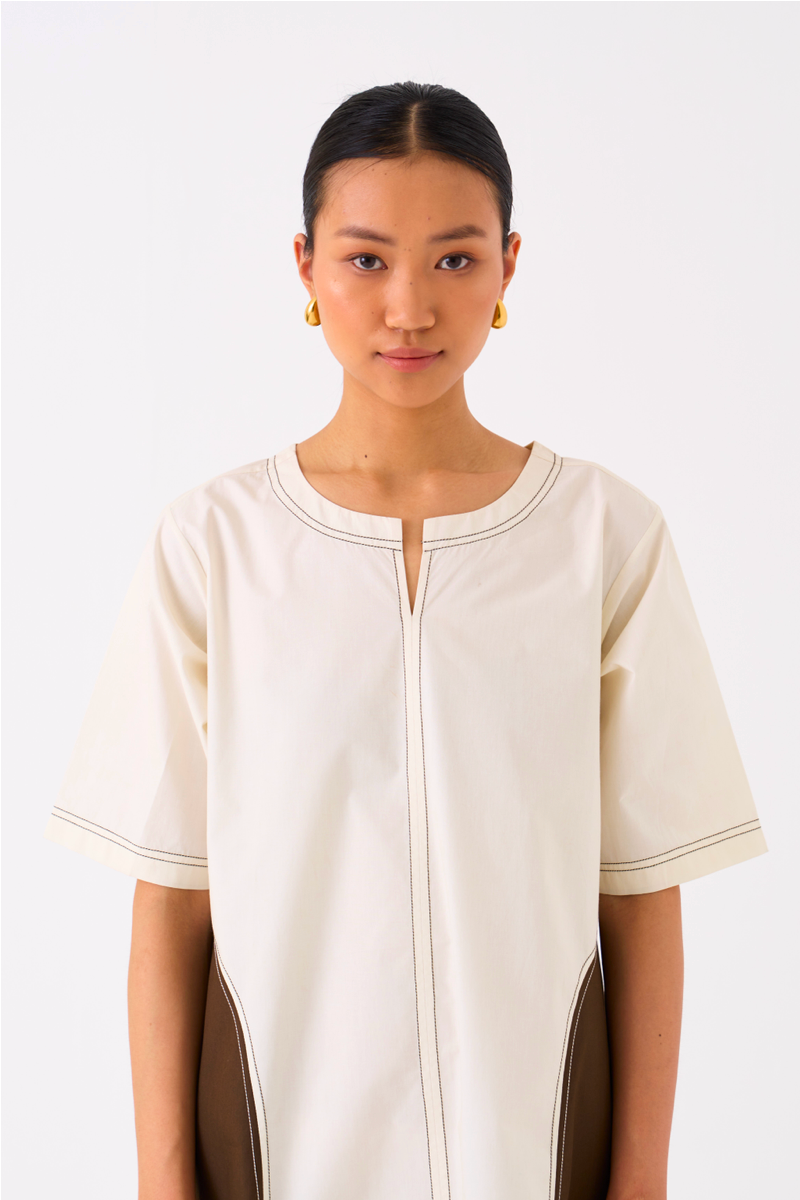 SIDE U-PLEAT DRESS-IVORY/DARK OLIVE poplin by THREE in olive color for women Worldwide