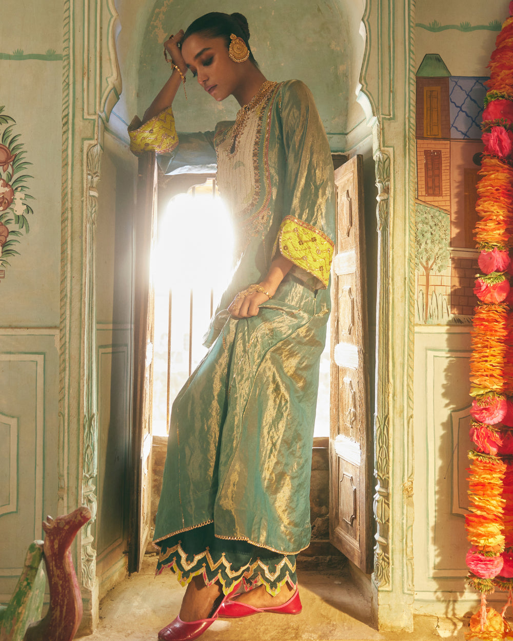 Khel Teal Tissue Yoke Kurta Set