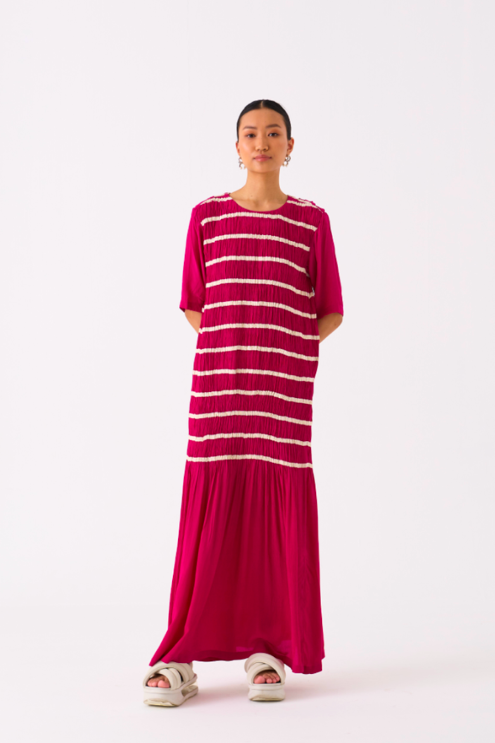 SHIRRING DRESS-FUSCHIA