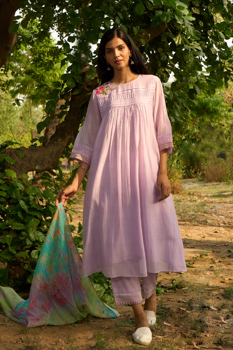 Maina-KBD Kurta Set-Lilac silk by Priti Prashant for women Worldwide