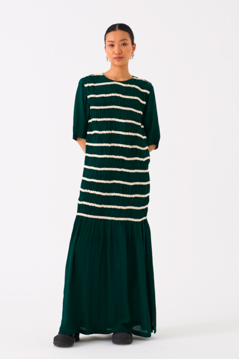SHIRRING DRESS-GREEN by THREE in green color for women Worldwide
