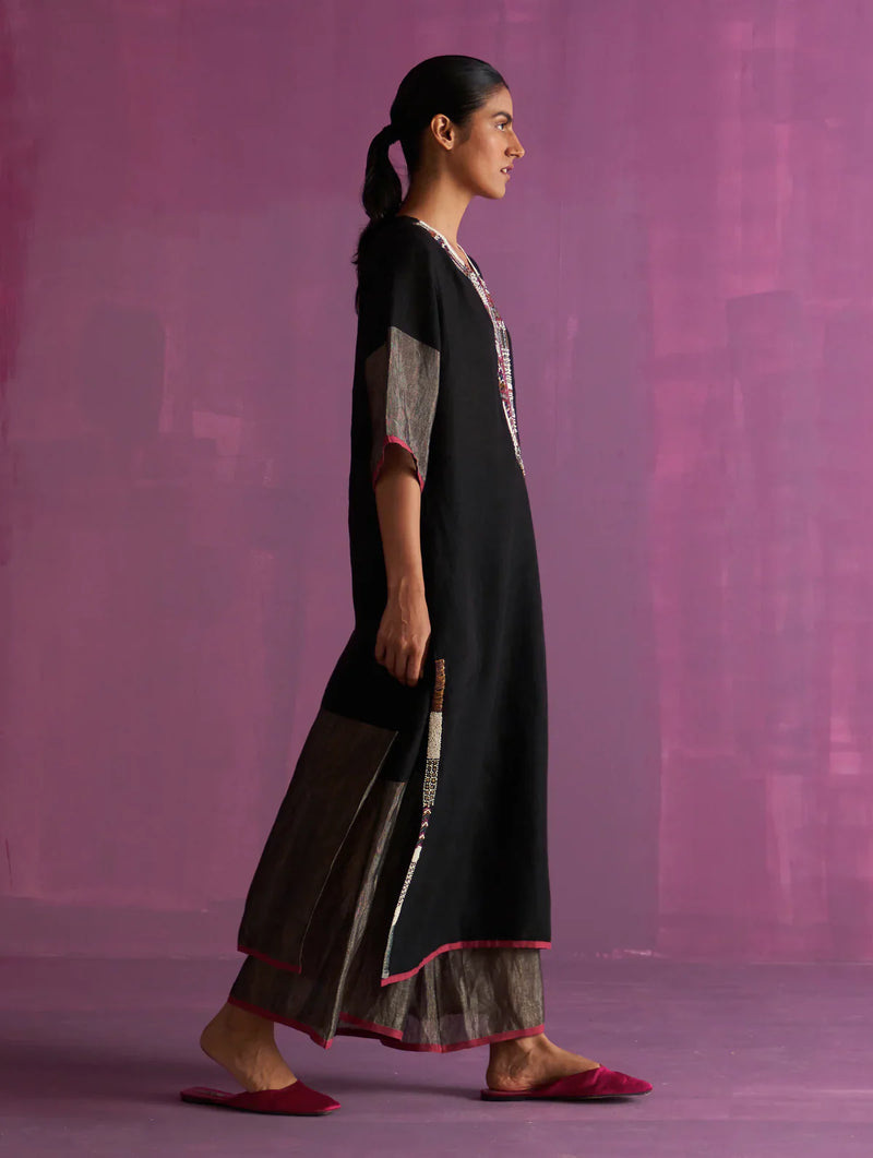 Mato Hand-Embroidered Kurta Set - Black linen by Manan in black color for women Worldwide