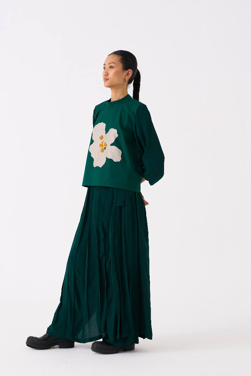 FLORAL APPLIQUE TOP-DARK GREEN poplin by THREE in green color for women Worldwide