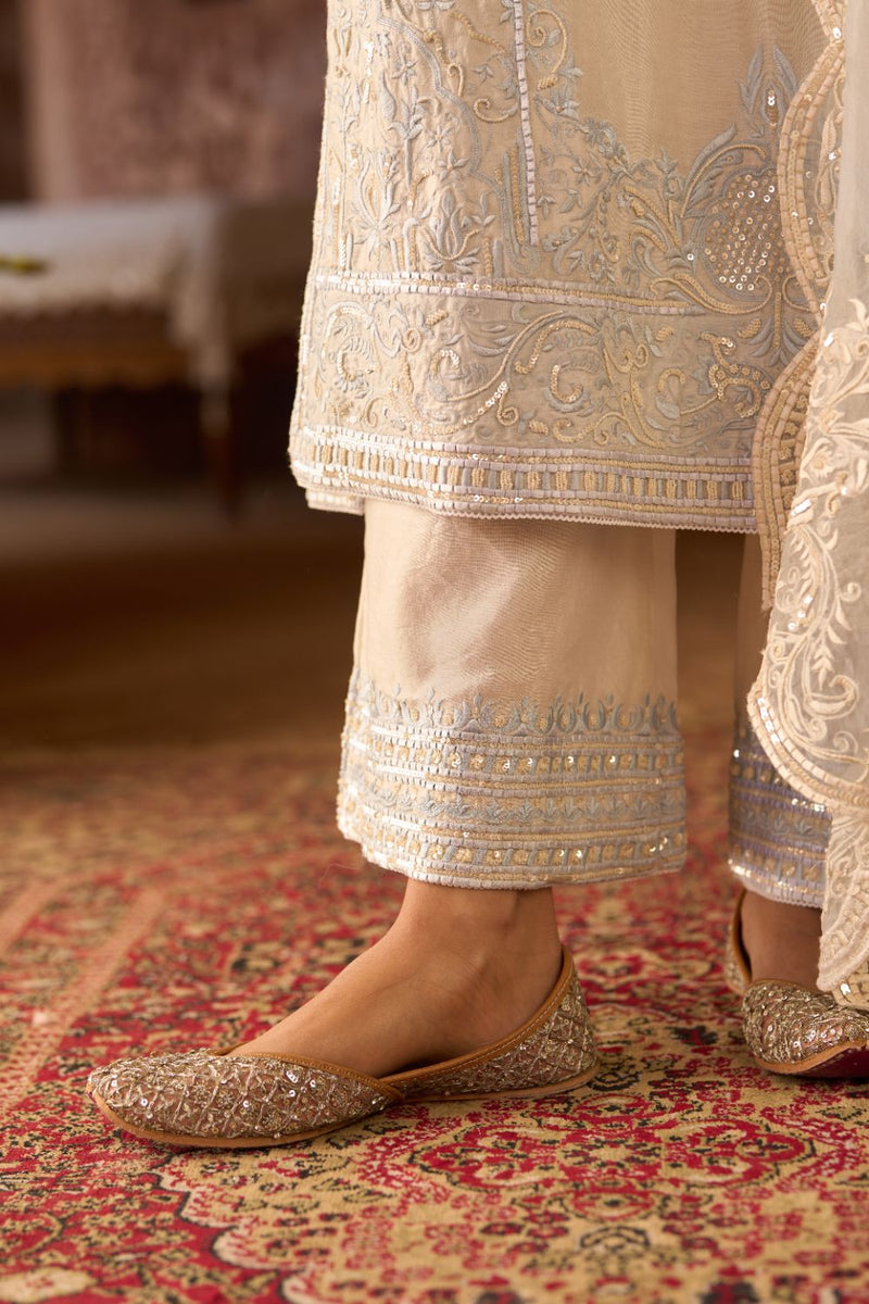ENA - DAISY IVORY WITH BLUE LONG A-LINE KURTA WITH PALAZZO AND DUPATTA silk organza kurta/kurta set by SHEETAL BATRA in daisy ivory with blue for women Worldwide
