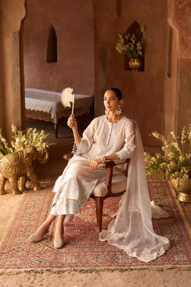 ENA - DAISY IVORY WITH BLUE LONG A-LINE KURTA WITH PALAZZO AND DUPATTA silk organza kurta/kurta set by SHEETAL BATRA in daisy ivory with blue for women Worldwide
