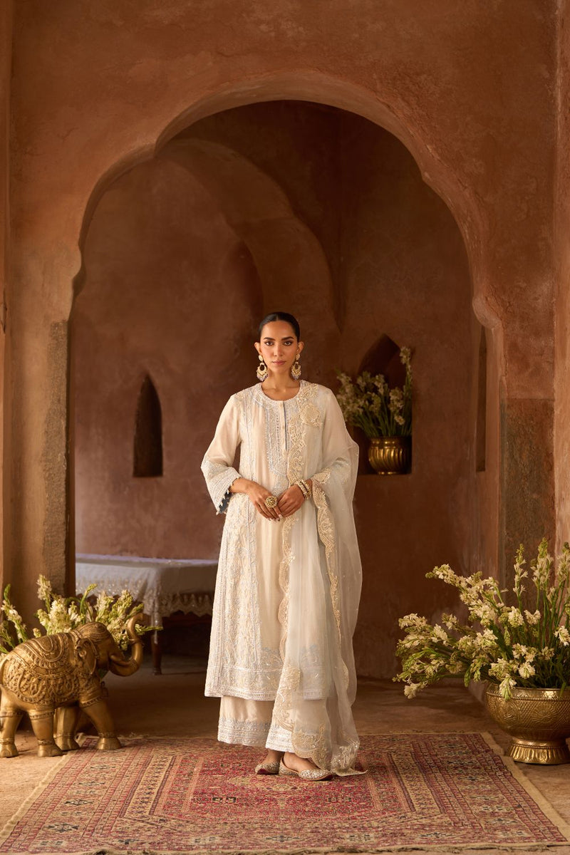 ENA - DAISY IVORY WITH BLUE LONG A-LINE KURTA WITH PALAZZO AND DUPATTA silk organza kurta/kurta set by SHEETAL BATRA in daisy ivory with blue for women Worldwide