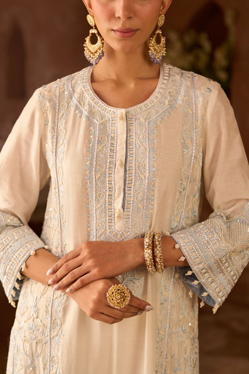 ENA - DAISY IVORY WITH BLUE LONG A-LINE KURTA WITH PALAZZO AND DUPATTA silk organza kurta/kurta set by SHEETAL BATRA in daisy ivory with blue for women Worldwide
