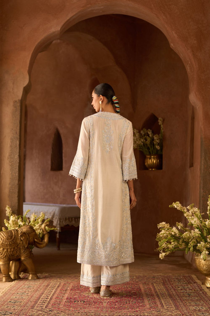 ENA - DAISY IVORY WITH BLUE LONG A-LINE KURTA WITH PALAZZO AND DUPATTA silk organza kurta/kurta set by SHEETAL BATRA in daisy ivory with blue for women Worldwide