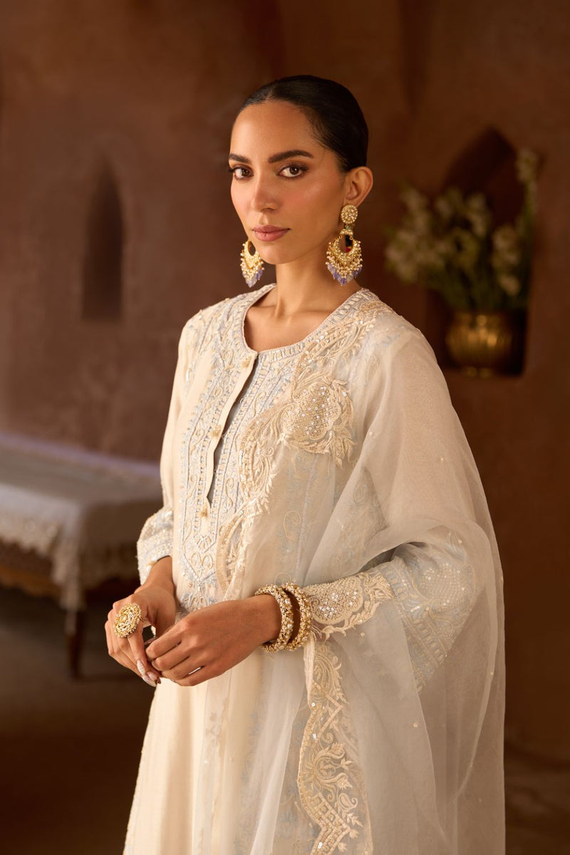 ENA - DAISY IVORY WITH BLUE LONG A-LINE KURTA WITH PALAZZO AND DUPATTA silk organza kurta/kurta set by SHEETAL BATRA in daisy ivory with blue for women Worldwide