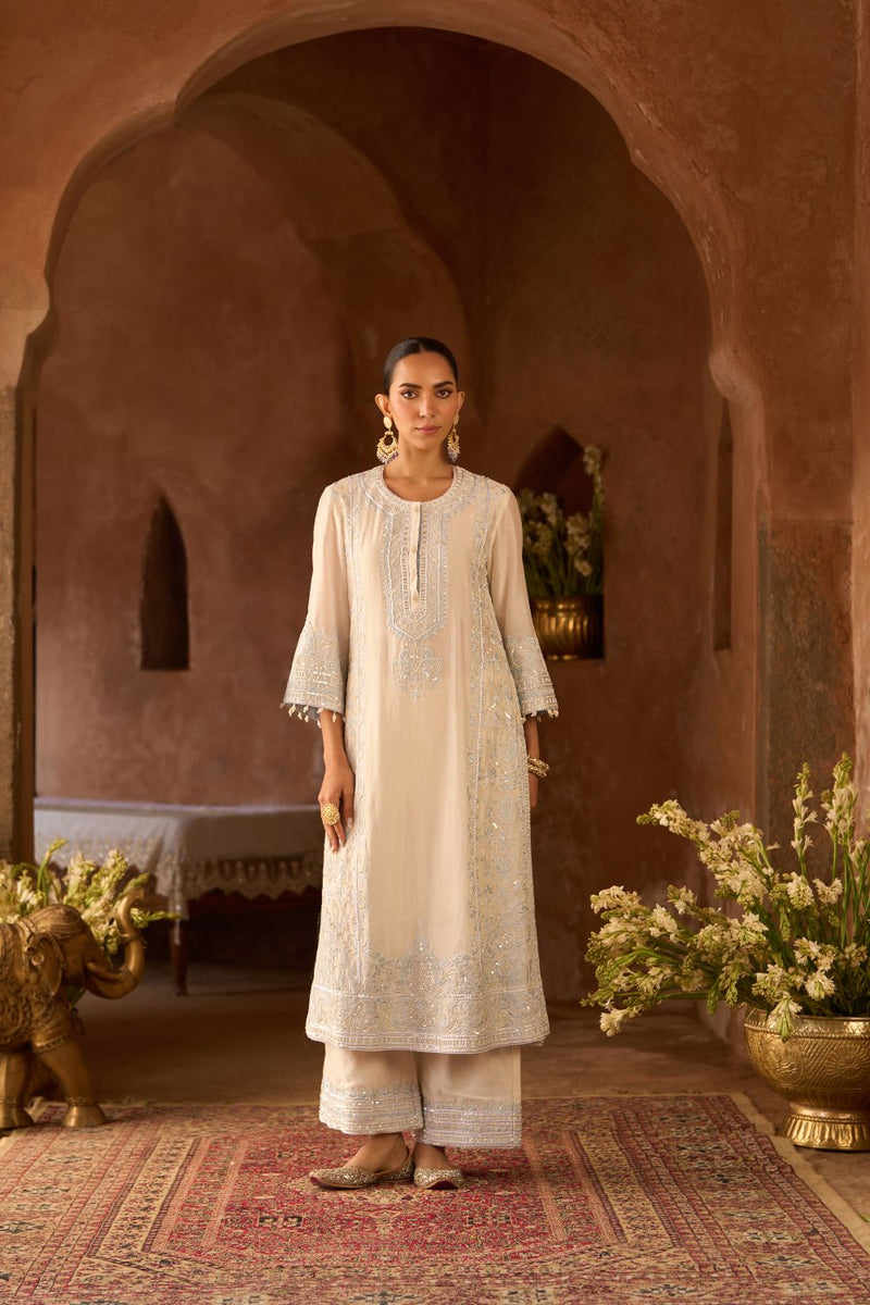 ENA - DAISY IVORY WITH BLUE LONG A-LINE KURTA WITH PALAZZO AND DUPATTA silk organza kurta/kurta set by SHEETAL BATRA in daisy ivory with blue for women Worldwide