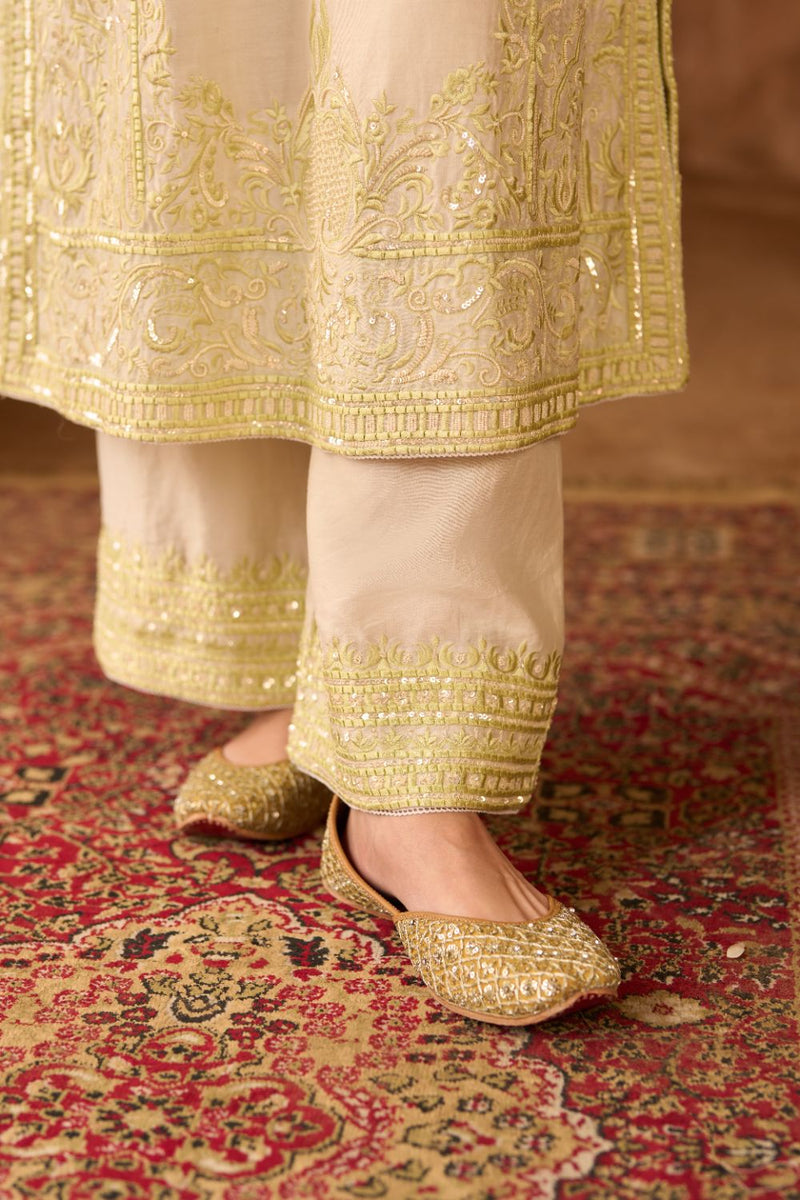 ENA - DAISY IVORY WITH MINT GREEN LONG A-LINE KURTA WITH PALAZZO AND DUPATTA silk organza kurta/kurta set by SHEETAL BATRA in daisy ivory with mint green for women Worldwide