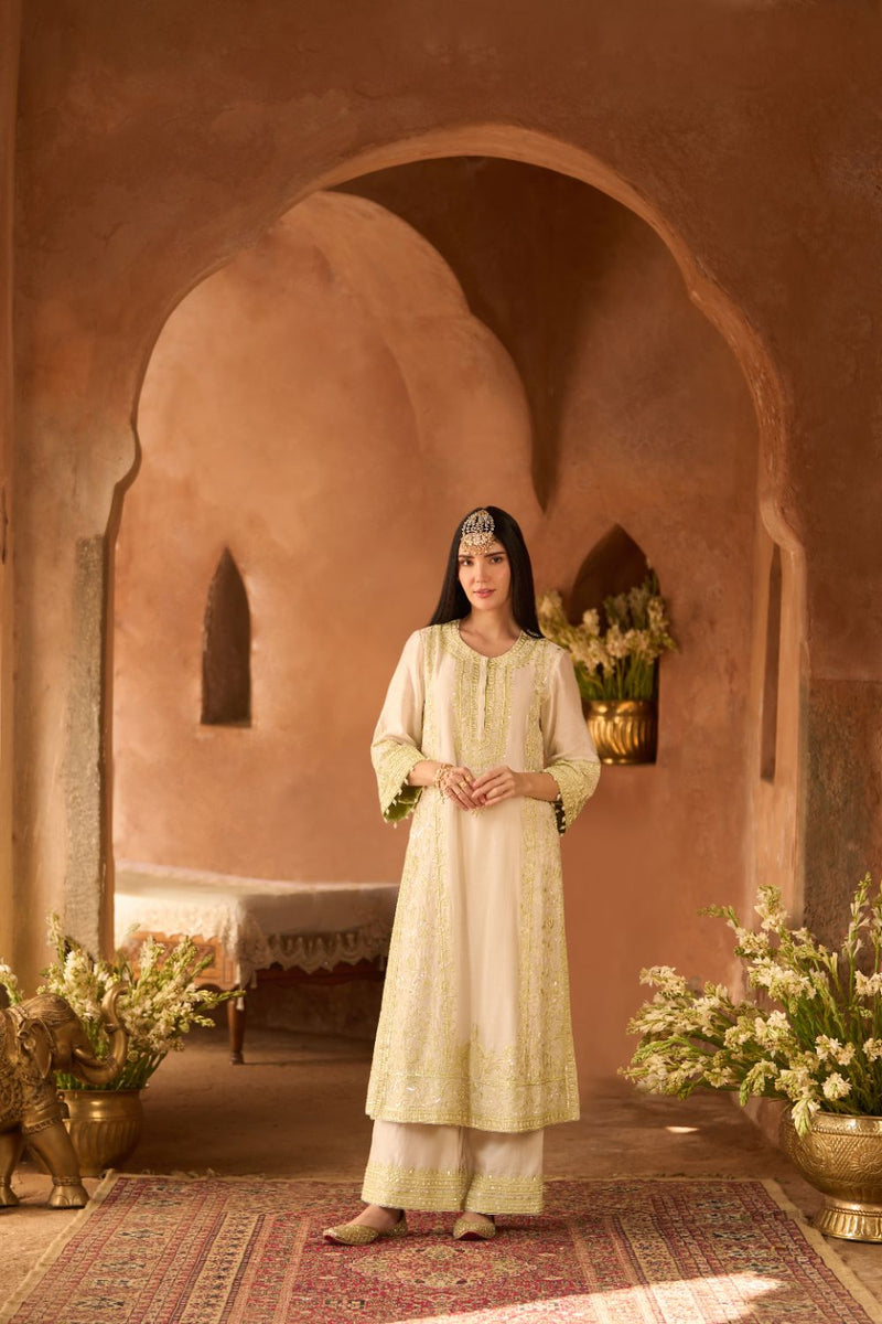 ENA - DAISY IVORY WITH MINT GREEN LONG A-LINE KURTA WITH PALAZZO AND DUPATTA silk organza kurta/kurta set by SHEETAL BATRA in daisy ivory with mint green for women Worldwide